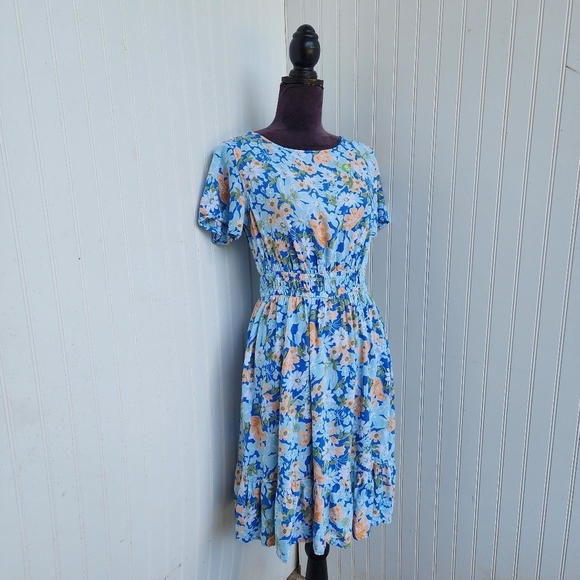 Croft & Barrow WomensBlue Orange Floral Dress Short Sleeve Elastic Waist Sz S - Picture 2 of 15